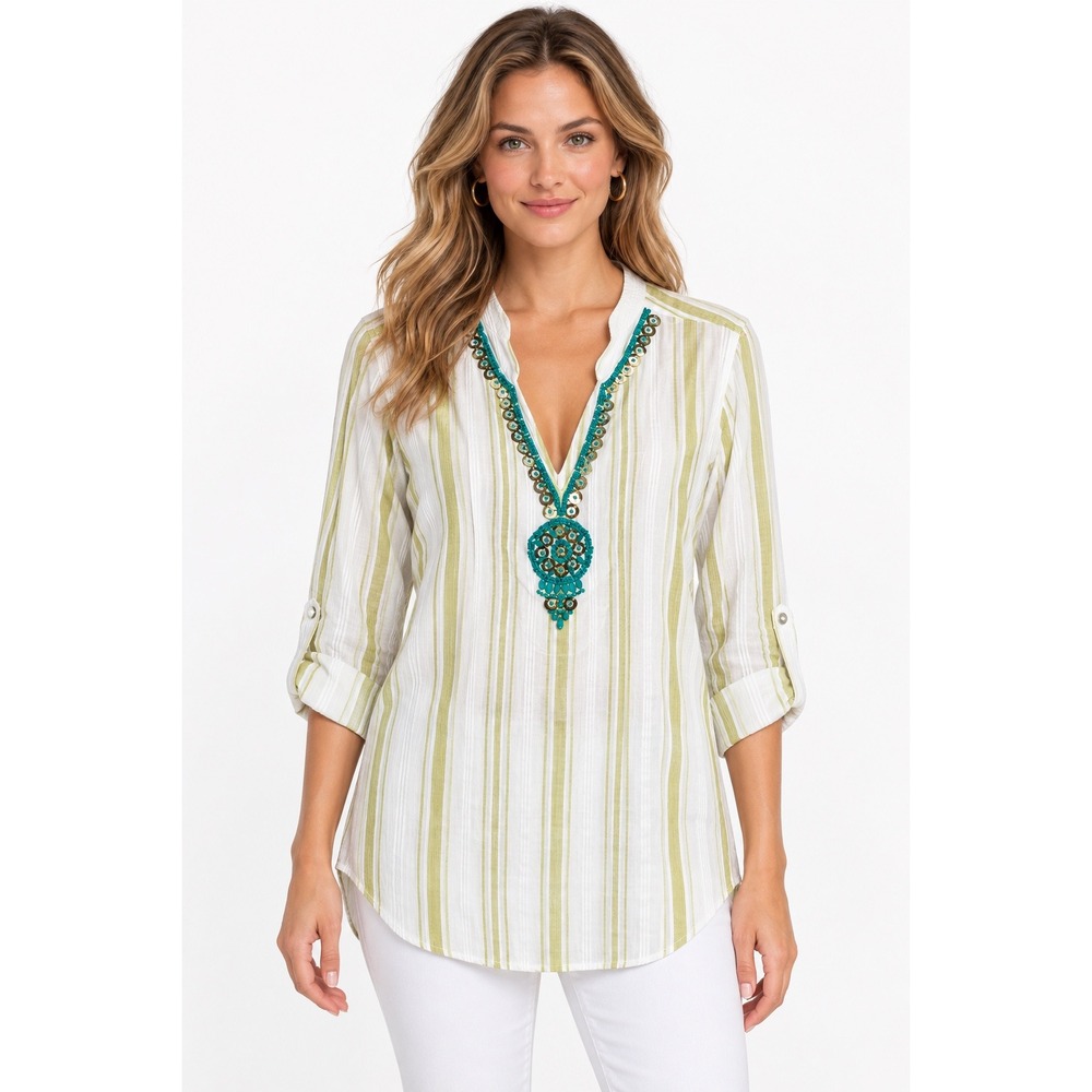 Soft Surroundings Elisha Turquoise Beaded Tunic Top Size Large EUC